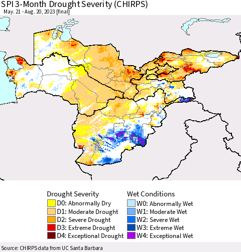 Central Asia SPI 3-Month Drought Severity (CHIRPS) Thematic Map For 5/21/2023 - 8/20/2023