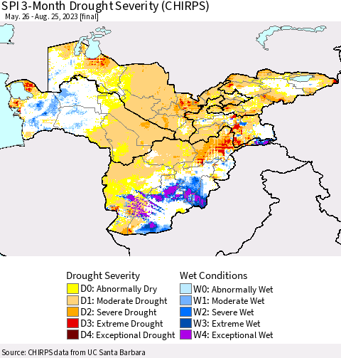 Central Asia SPI 3-Month Drought Severity (CHIRPS) Thematic Map For 5/26/2023 - 8/25/2023