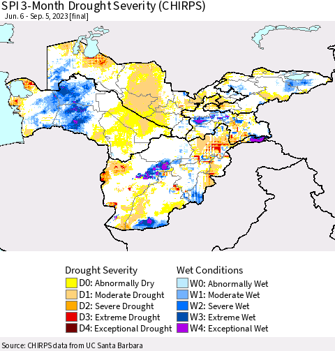 Central Asia SPI 3-Month Drought Severity (CHIRPS) Thematic Map For 6/6/2023 - 9/5/2023