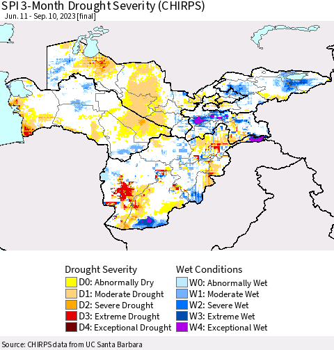 Central Asia SPI 3-Month Drought Severity (CHIRPS) Thematic Map For 6/11/2023 - 9/10/2023