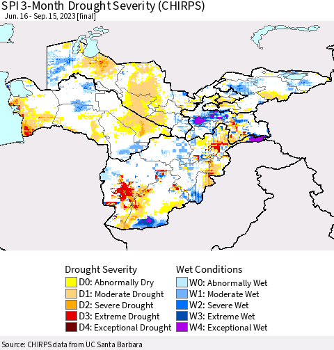 Central Asia SPI 3-Month Drought Severity (CHIRPS) Thematic Map For 6/16/2023 - 9/15/2023