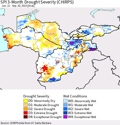Central Asia SPI 3-Month Drought Severity (CHIRPS) Thematic Map For 6/21/2023 - 9/20/2023