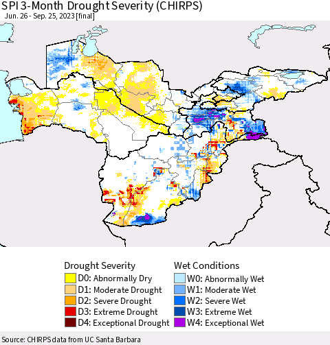 Central Asia SPI 3-Month Drought Severity (CHIRPS) Thematic Map For 6/26/2023 - 9/25/2023