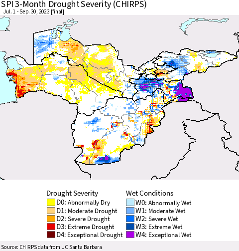 Central Asia SPI 3-Month Drought Severity (CHIRPS) Thematic Map For 7/1/2023 - 9/30/2023