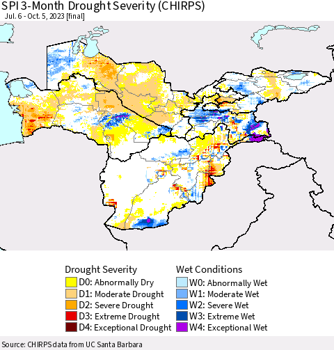 Central Asia SPI 3-Month Drought Severity (CHIRPS) Thematic Map For 7/6/2023 - 10/5/2023