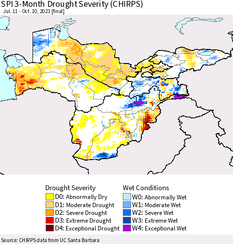Central Asia SPI 3-Month Drought Severity (CHIRPS) Thematic Map For 7/11/2023 - 10/10/2023