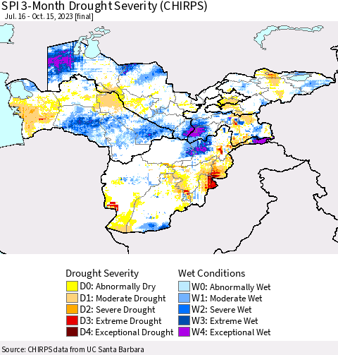 Central Asia SPI 3-Month Drought Severity (CHIRPS) Thematic Map For 7/16/2023 - 10/15/2023