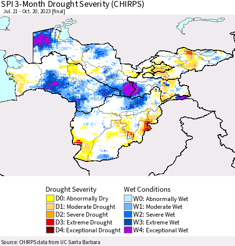 Central Asia SPI 3-Month Drought Severity (CHIRPS) Thematic Map For 7/21/2023 - 10/20/2023