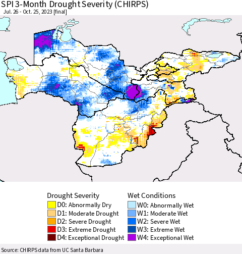 Central Asia SPI 3-Month Drought Severity (CHIRPS) Thematic Map For 7/26/2023 - 10/25/2023