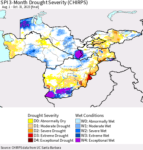 Central Asia SPI 3-Month Drought Severity (CHIRPS) Thematic Map For 8/1/2023 - 10/31/2023