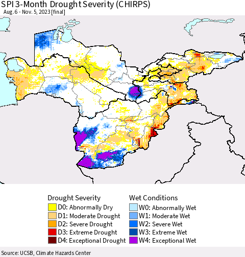 Central Asia SPI 3-Month Drought Severity (CHIRPS) Thematic Map For 8/6/2023 - 11/5/2023
