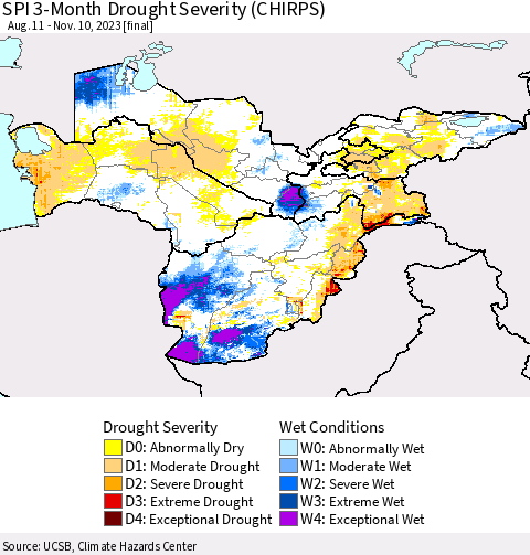 Central Asia SPI 3-Month Drought Severity (CHIRPS) Thematic Map For 8/11/2023 - 11/10/2023