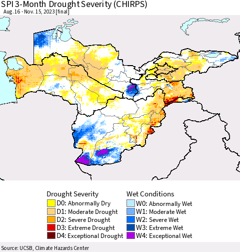 Central Asia SPI 3-Month Drought Severity (CHIRPS) Thematic Map For 8/16/2023 - 11/15/2023