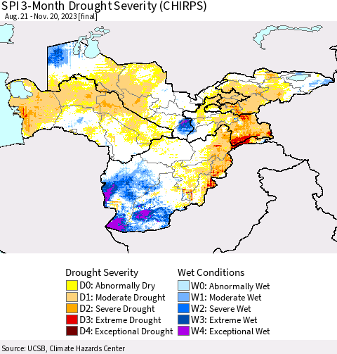 Central Asia SPI 3-Month Drought Severity (CHIRPS) Thematic Map For 8/21/2023 - 11/20/2023