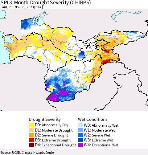 Central Asia SPI 3-Month Drought Severity (CHIRPS) Thematic Map For 8/26/2023 - 11/25/2023