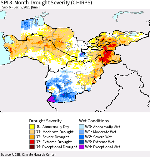 Central Asia SPI 3-Month Drought Severity (CHIRPS) Thematic Map For 9/6/2023 - 12/5/2023