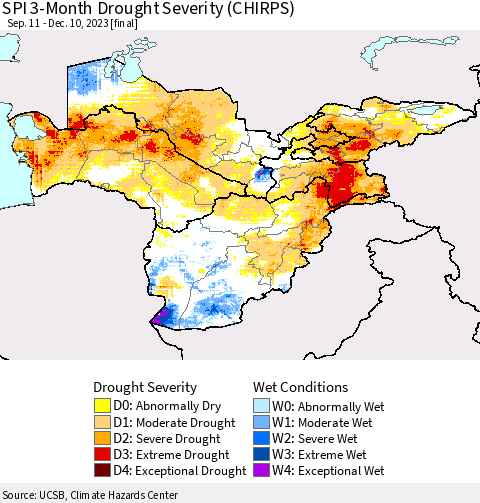 Central Asia SPI 3-Month Drought Severity (CHIRPS) Thematic Map For 9/11/2023 - 12/10/2023