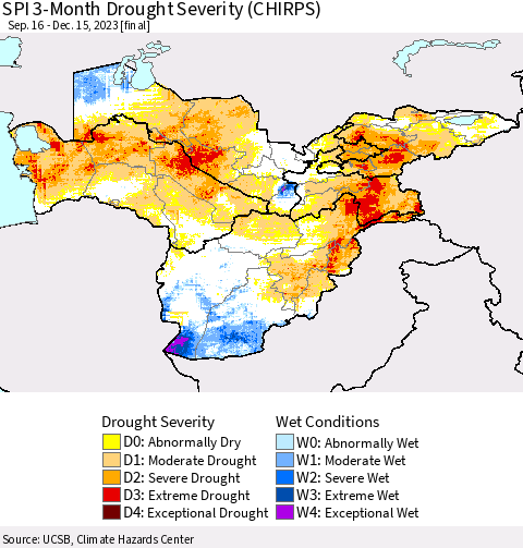 Central Asia SPI 3-Month Drought Severity (CHIRPS) Thematic Map For 9/16/2023 - 12/15/2023
