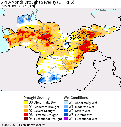 Central Asia SPI 3-Month Drought Severity (CHIRPS) Thematic Map For 9/21/2023 - 12/20/2023