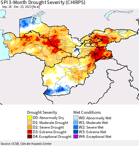Central Asia SPI 3-Month Drought Severity (CHIRPS) Thematic Map For 9/26/2023 - 12/25/2023