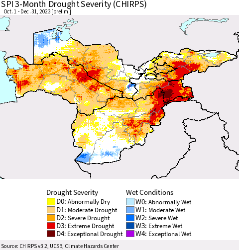 Central Asia SPI 3-Month Drought Severity (CHIRPS) Thematic Map For 10/1/2023 - 12/31/2023