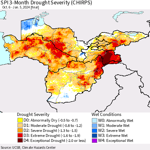Central Asia SPI 3-Month Drought Severity (CHIRPS) Thematic Map For 10/6/2023 - 1/5/2024