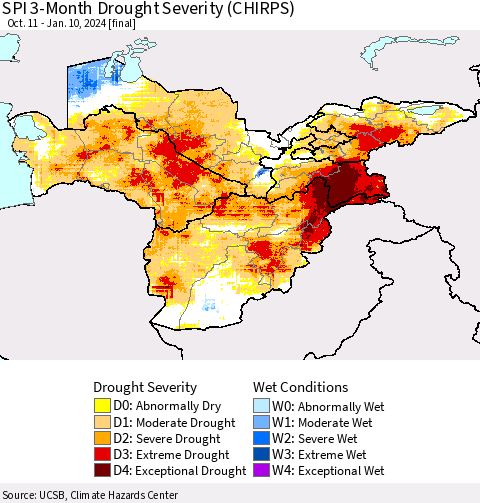 Central Asia SPI 3-Month Drought Severity (CHIRPS) Thematic Map For 10/11/2023 - 1/10/2024