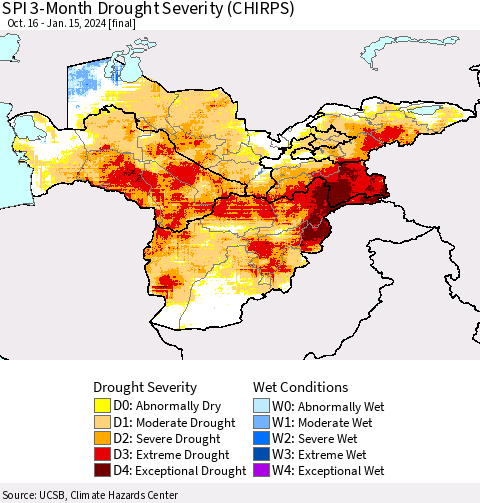 Central Asia SPI 3-Month Drought Severity (CHIRPS) Thematic Map For 10/16/2023 - 1/15/2024