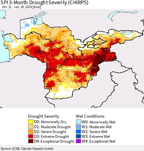 Central Asia SPI 3-Month Drought Severity (CHIRPS) Thematic Map For 10/21/2023 - 1/20/2024