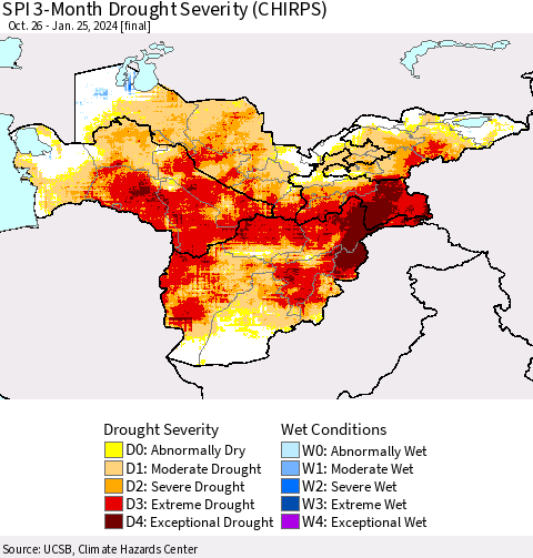 Central Asia SPI 3-Month Drought Severity (CHIRPS) Thematic Map For 10/26/2023 - 1/25/2024
