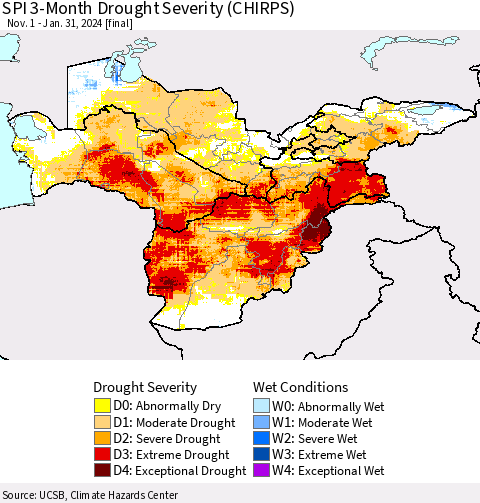 Central Asia SPI 3-Month Drought Severity (CHIRPS) Thematic Map For 11/1/2023 - 1/31/2024