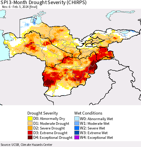 Central Asia SPI 3-Month Drought Severity (CHIRPS) Thematic Map For 11/6/2023 - 2/5/2024