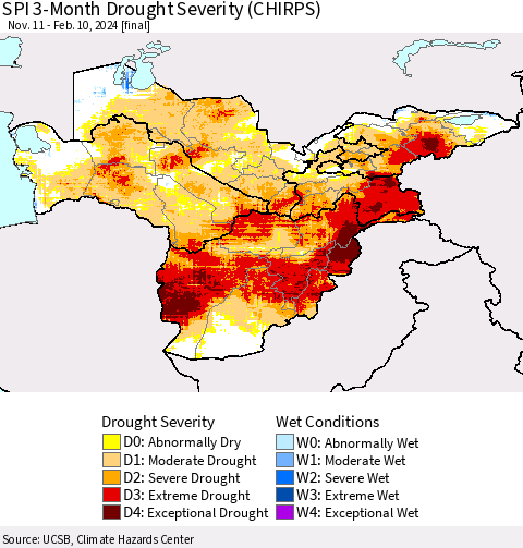 Central Asia SPI 3-Month Drought Severity (CHIRPS) Thematic Map For 11/11/2023 - 2/10/2024