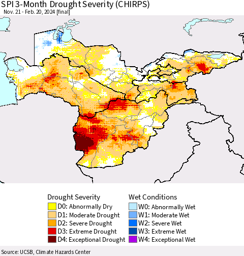 Central Asia SPI 3-Month Drought Severity (CHIRPS) Thematic Map For 11/21/2023 - 2/20/2024