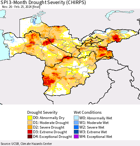 Central Asia SPI 3-Month Drought Severity (CHIRPS) Thematic Map For 11/26/2023 - 2/25/2024