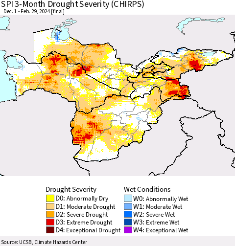 Central Asia SPI 3-Month Drought Severity (CHIRPS) Thematic Map For 12/1/2023 - 2/29/2024