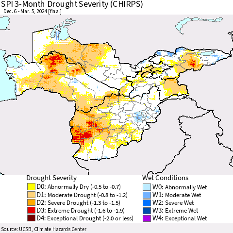 Central Asia SPI 3-Month Drought Severity (CHIRPS) Thematic Map For 12/6/2023 - 3/5/2024