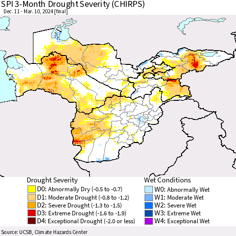 Central Asia SPI 3-Month Drought Severity (CHIRPS) Thematic Map For 12/11/2023 - 3/10/2024