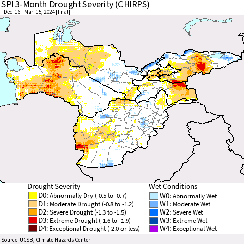 Central Asia SPI 3-Month Drought Severity (CHIRPS) Thematic Map For 12/16/2023 - 3/15/2024