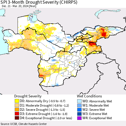 Central Asia SPI 3-Month Drought Severity (CHIRPS) Thematic Map For 12/21/2023 - 3/20/2024