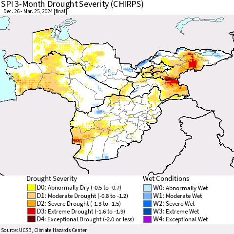 Central Asia SPI 3-Month Drought Severity (CHIRPS) Thematic Map For 12/26/2023 - 3/25/2024