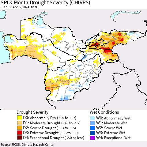 Central Asia SPI 3-Month Drought Severity (CHIRPS) Thematic Map For 1/6/2024 - 4/5/2024