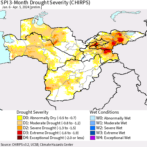 Central Asia SPI 3-Month Drought Severity (CHIRPS) Thematic Map For 1/6/2024 - 4/5/2024