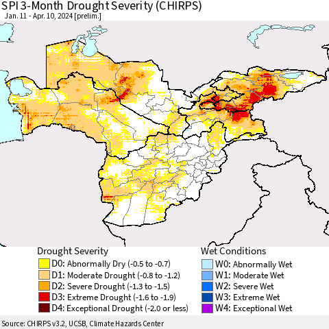 Central Asia SPI 3-Month Drought Severity (CHIRPS) Thematic Map For 1/11/2024 - 4/10/2024