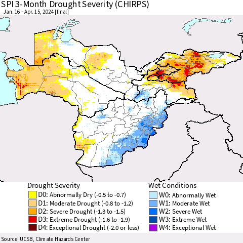 Central Asia SPI 3-Month Drought Severity (CHIRPS) Thematic Map For 1/16/2024 - 4/15/2024