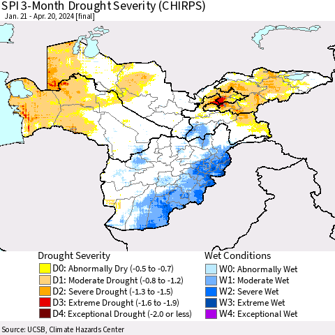 Central Asia SPI 3-Month Drought Severity (CHIRPS) Thematic Map For 1/21/2024 - 4/20/2024