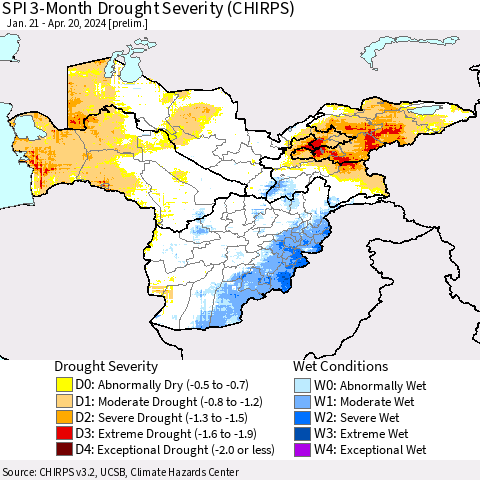 Central Asia SPI 3-Month Drought Severity (CHIRPS) Thematic Map For 1/21/2024 - 4/20/2024