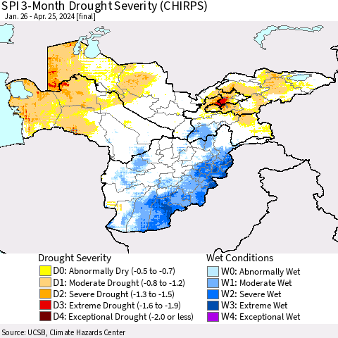 Central Asia SPI 3-Month Drought Severity (CHIRPS) Thematic Map For 1/26/2024 - 4/25/2024