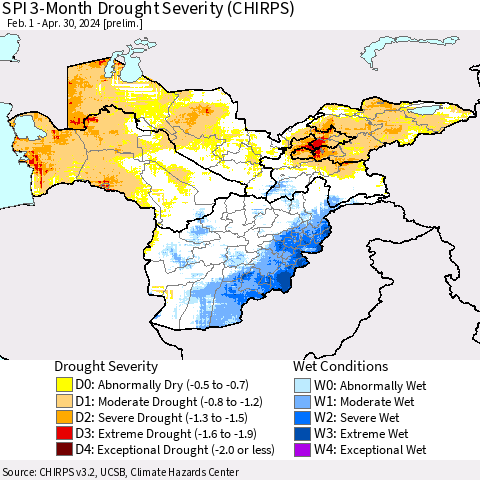 Central Asia SPI 3-Month Drought Severity (CHIRPS) Thematic Map For 2/1/2024 - 4/30/2024