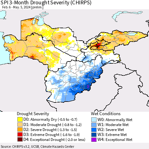 Central Asia SPI 3-Month Drought Severity (CHIRPS) Thematic Map For 2/6/2024 - 5/5/2024